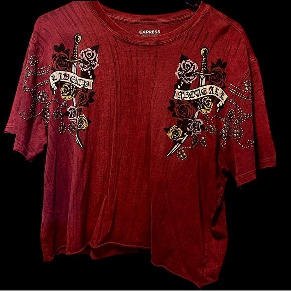 Express Tops - Express Red Graphic Tee with Rose and Sword Design